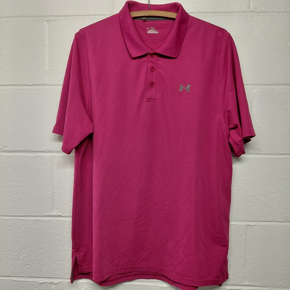 Under Armour Mens Heat Gear Polo Shirt Size LARGE Short Sleeve Magenta Pink Golf